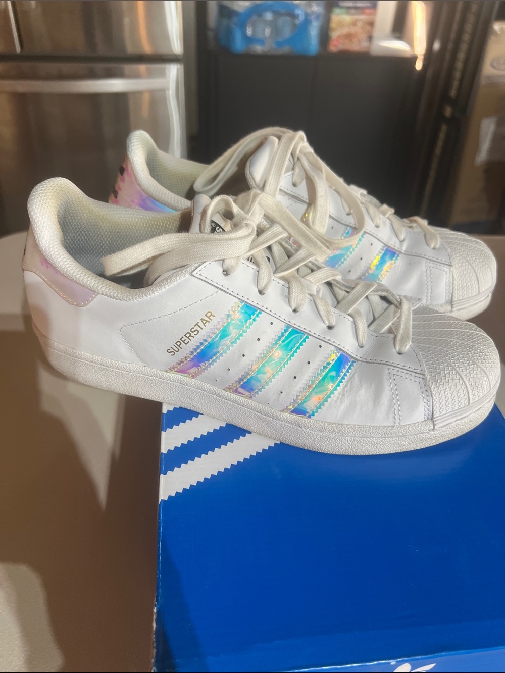 adidas Kids Superstar Sneakers in White with Iridescent Stripes